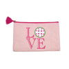The Royal Standard Pickleball Love Cosmetic Bag featuring a pink LOVE graphic with a pickleball design, pink tassel zipper pull, and durable juco fabric. Perfect accessory pouch for pickleball players and gifts.