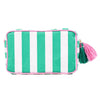 The Royal Standard Megan Cosmetic Bag featuring emerald green and white cabana stripes, pink trim, tassel accents, and zippered closure. Spacious cotton makeup and travel pouch for cosmetics and toiletries.