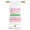 Royal Standard Pickleball "Stay Out of the Kitchen" hand towel featuring pink and green lettering with pickleball paddle design. Decorative 20 x 28 inch towel perfect for pickleball lovers and kitchen décor.