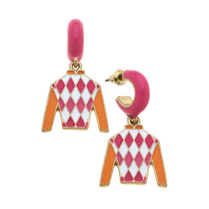 Canvas Style Fiona Jockey Silk Huggie Drop Earrings in Pink & Orange