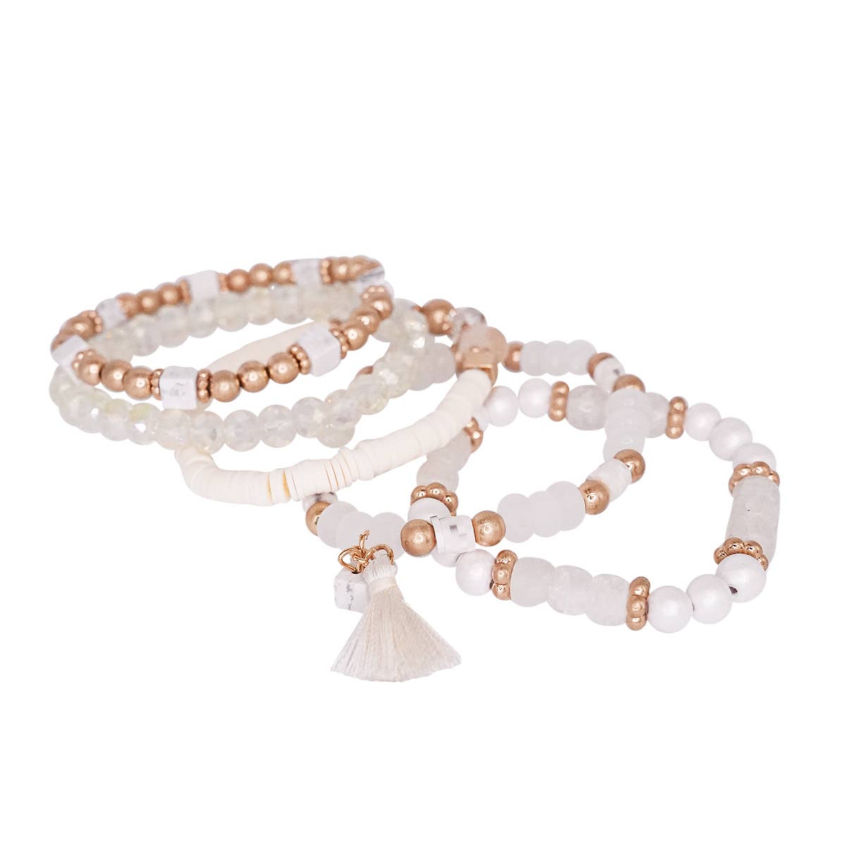 Mini Momo - Beaded Bracelet Set Stack Stretch Multi Layered Boho Bangles: Tassel Mix 5 Layer - Gray