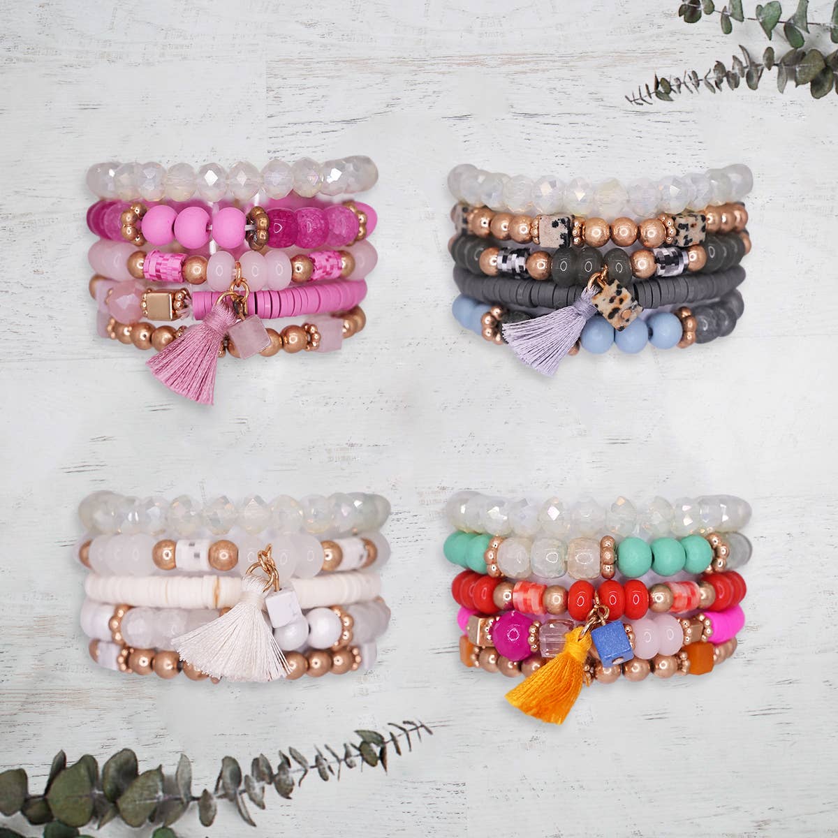 Mini Momo - Beaded Bracelet Set Stack Stretch Multi Layered Boho Bangles: Tassel Mix 5 Layer - Gray