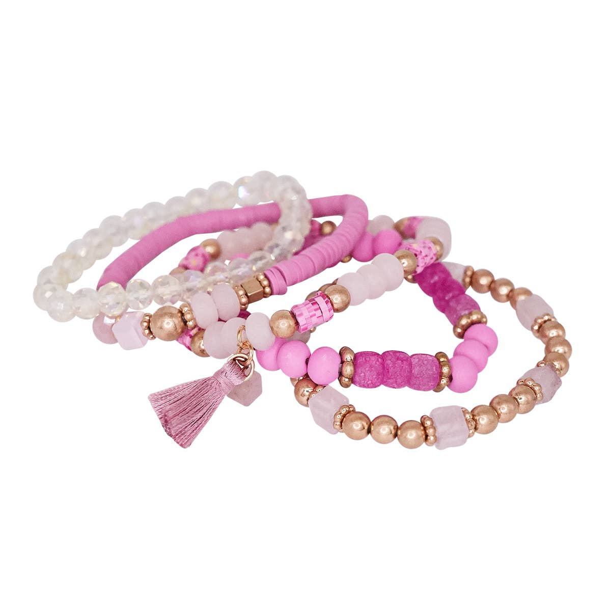 Mini Momo - Beaded Bracelet Set Stack Stretch Multi Layered Boho Bangles: Tassel Mix 5 Layer - Gray