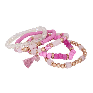 Mini Momo - Beaded Bracelet Set Stack Stretch Multi Layered Boho Bangles: Tassel Mix 5 Layer - Gray