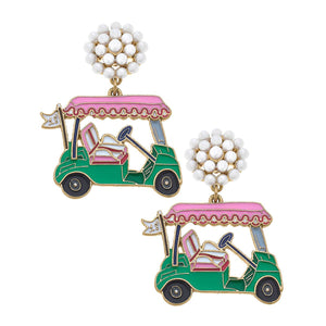 Canvas Style - 19th Hole Golf Cart Enamel Earrings in Pink & Green