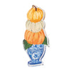 Mud Pie Three Pumpkin Acrylic Sitter with orange and ivory stacked pumpkins in blue and white chinoiserie planter
