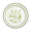 Mud Pie Golf Platter featuring crossed golf clubs, golf cart, golf bag, golf ball, and flag design with a hand-painted green beaded border on an 11-inch white ceramic serving platter. Perfect for golf-themed entertaining and gifts.
