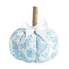 Mud Pie small blue and white floral patterned fabric pumpkin with jute-wrapped stem and white grosgrain bow