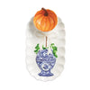 Pumpkin Topiary Tray and Tidbit Set with hand-painted orange pumpkin and blue and white ginger jar design