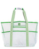 The Royal Standard Navarre Beach Tote in green featuring a spacious white mesh body, green trim, and striped shoulder straps, perfect for beach trips, pool days, and summer travel.