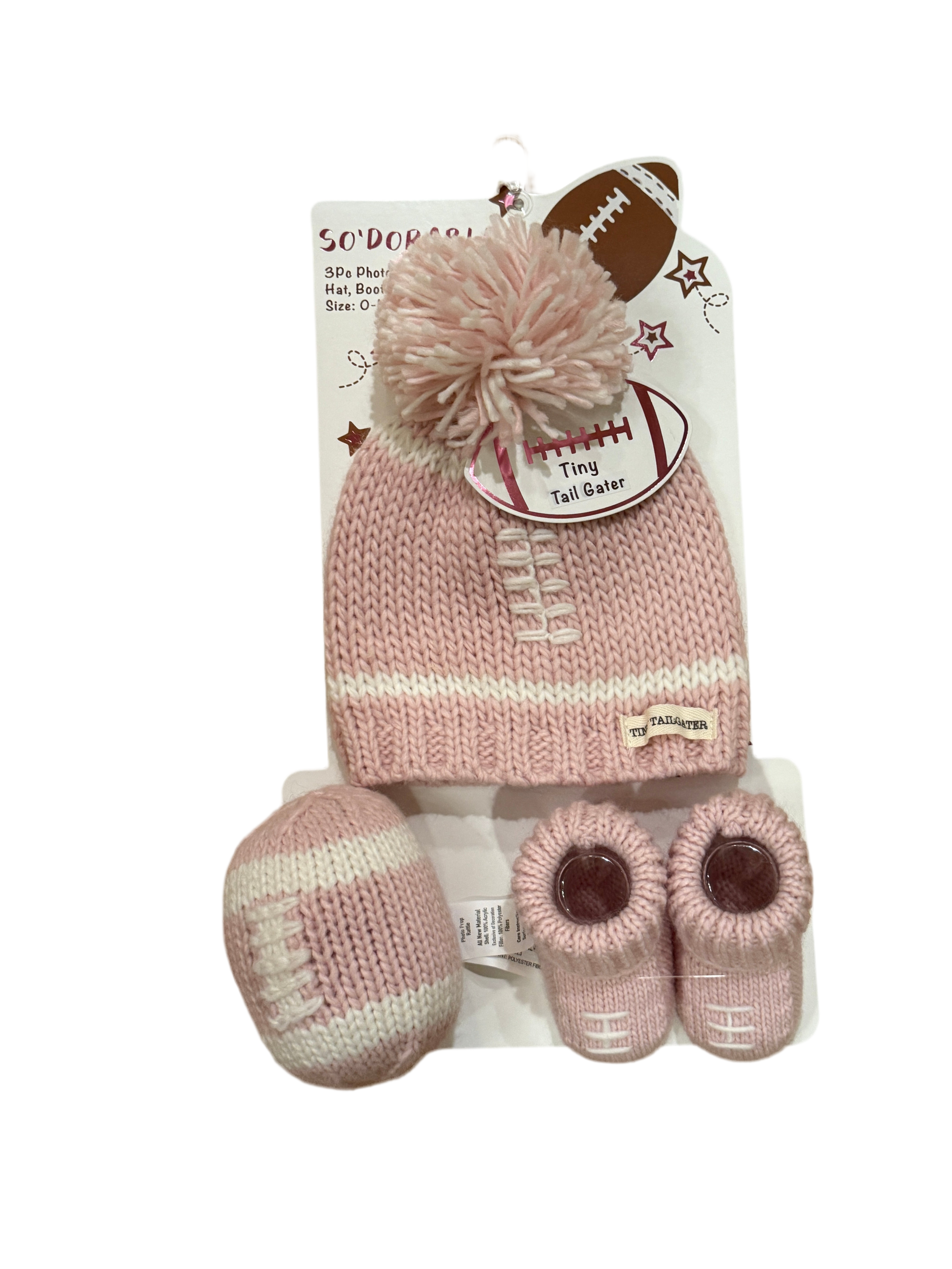 Tiny Tailgater 3-Piece Set – Hat, Booties & Rattle (Pink)