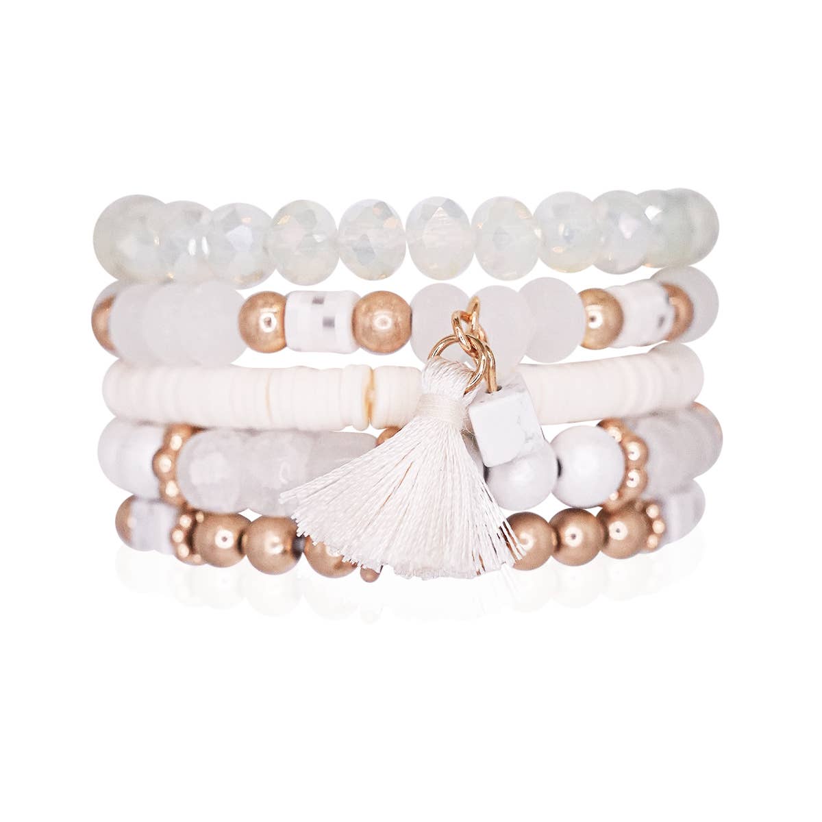 Mini Momo - Beaded Bracelet Set Stack Stretch Multi Layered Boho Bangles: Tassel Mix 5 Layer - Gray