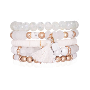 Mini Momo - Beaded Bracelet Set Stack Stretch Multi Layered Boho Bangles: Tassel Mix 5 Layer - Gray