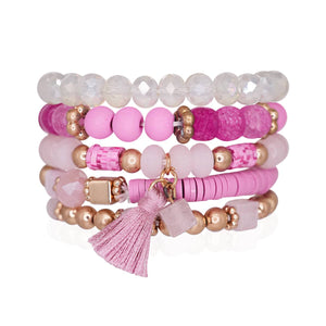Mini Momo - Beaded Bracelet Set Stack Stretch Multi Layered Boho Bangles: Tassel Mix 5 Layer - Gray