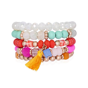 Mini Momo - Beaded Bracelet Set Stack Stretch Multi Layered Boho Bangles: Tassel Mix 5 Layer - Gray