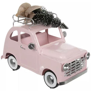 🎄 Pink Vintage Metal Car with Flocked Tree