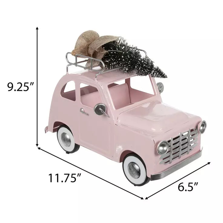 🎄 Pink Vintage Metal Car with Flocked Tree