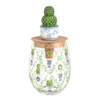 Mud Pie Topiary stemless wine glass and ceramic bottle stopper set with green topiary and blue and white planter design