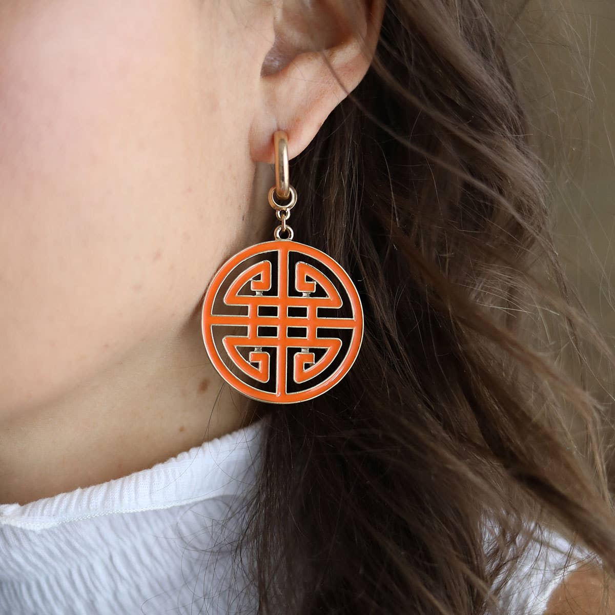 Canvas Style - Jenson Game Day Greek Keys Enamel Statement Earrings: Orange