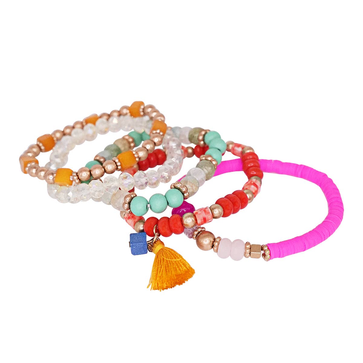 Mini Momo - Beaded Bracelet Set Stack Stretch Multi Layered Boho Bangles: Tassel Mix 5 Layer - Gray