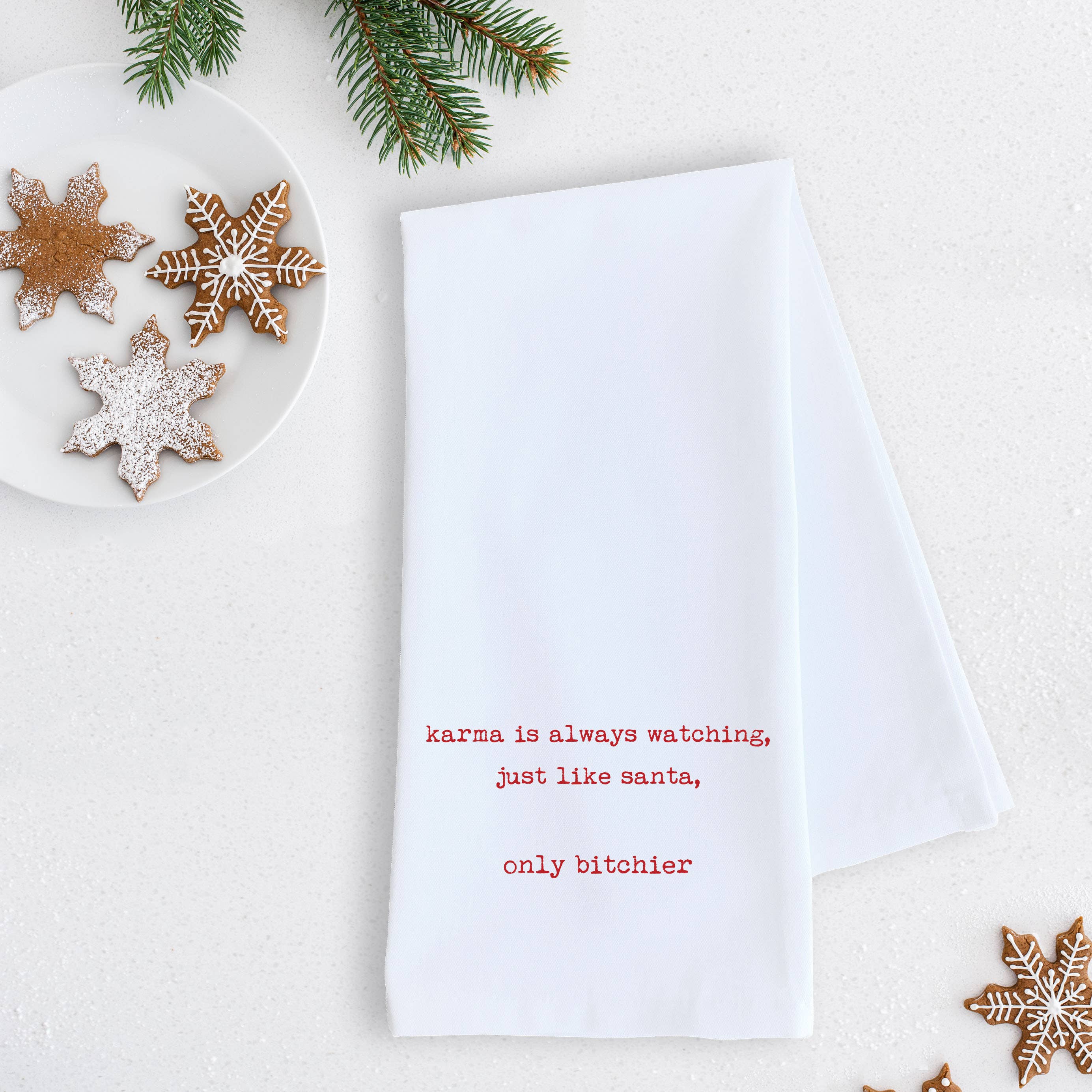 DEV D + CO. - Karma Is Always Watching - Tea Towel - Christmas Décor: RED