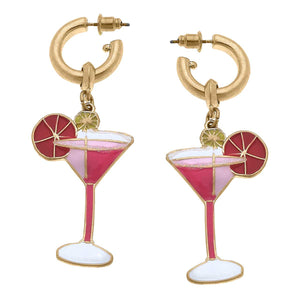 Canvas Style - Cosmo Cocktail Enamel Drop Hoop Earrings in Pink