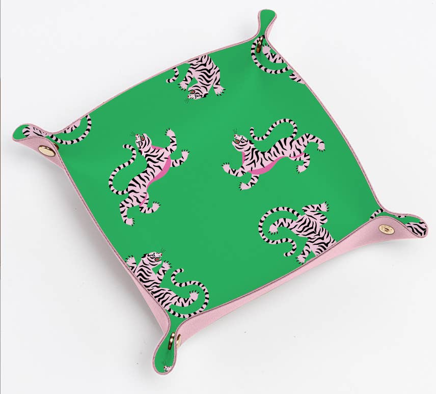 Aspen Lane - Cute tiger pink trinket gift tray | green pink tiger