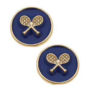 Canvas Style - Chris Tennis Racket Enamel Circle Stud Earrings: White