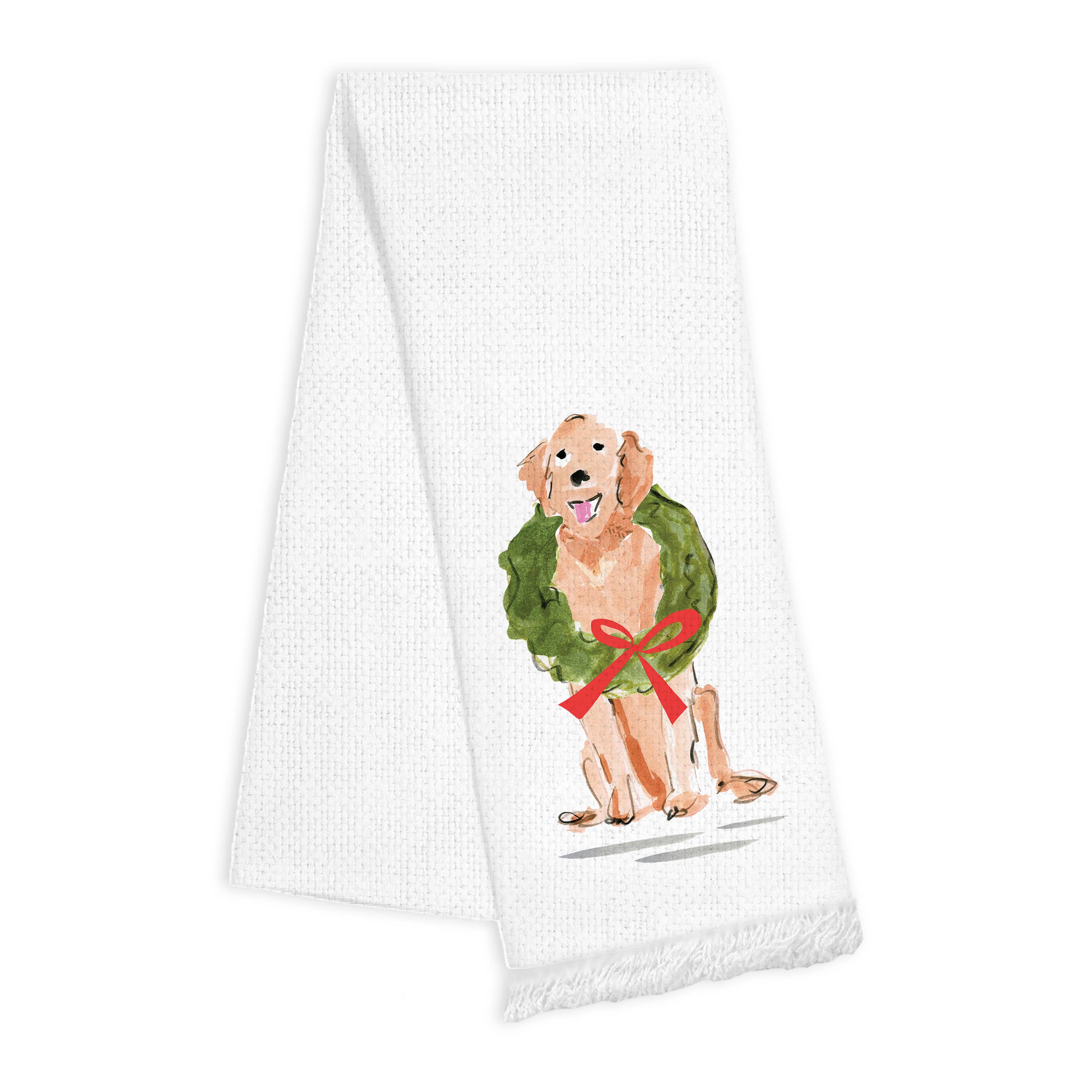 Toss Designs - Linen Fringe Towel - Holiday - Dog with Wreath