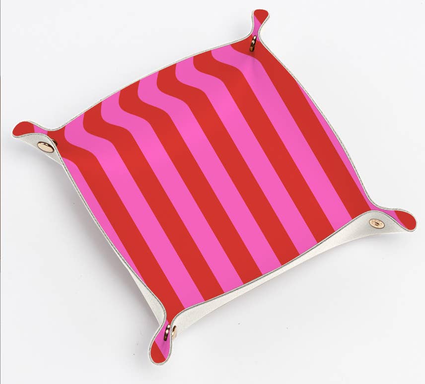 Aspen Lane - Cute trinket gift tray catchall | leather pink & red stripe