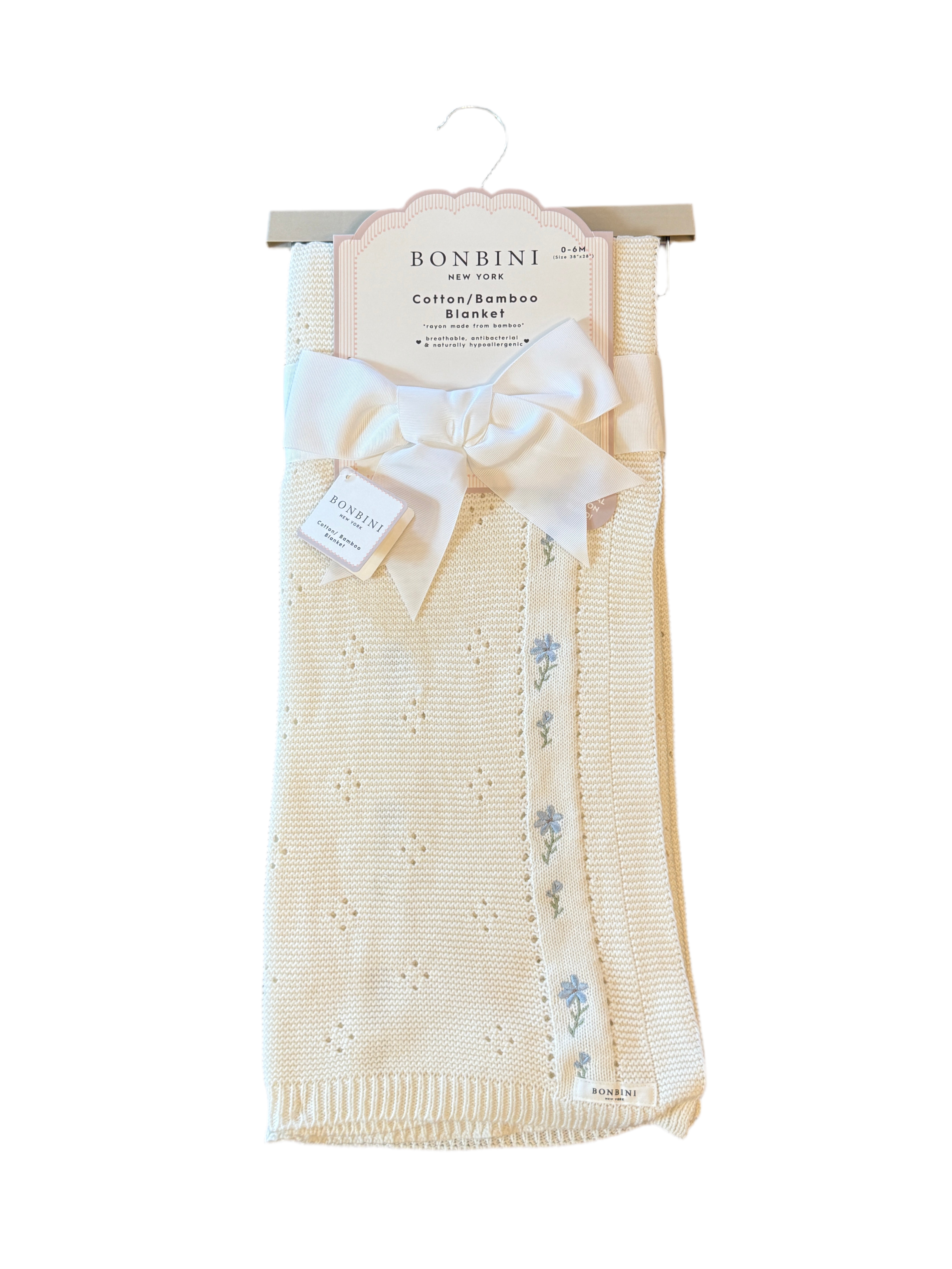 Bonbini New York Cotton/Bamboo Baby Blanket – 0-6 Months White & Blue Flowers