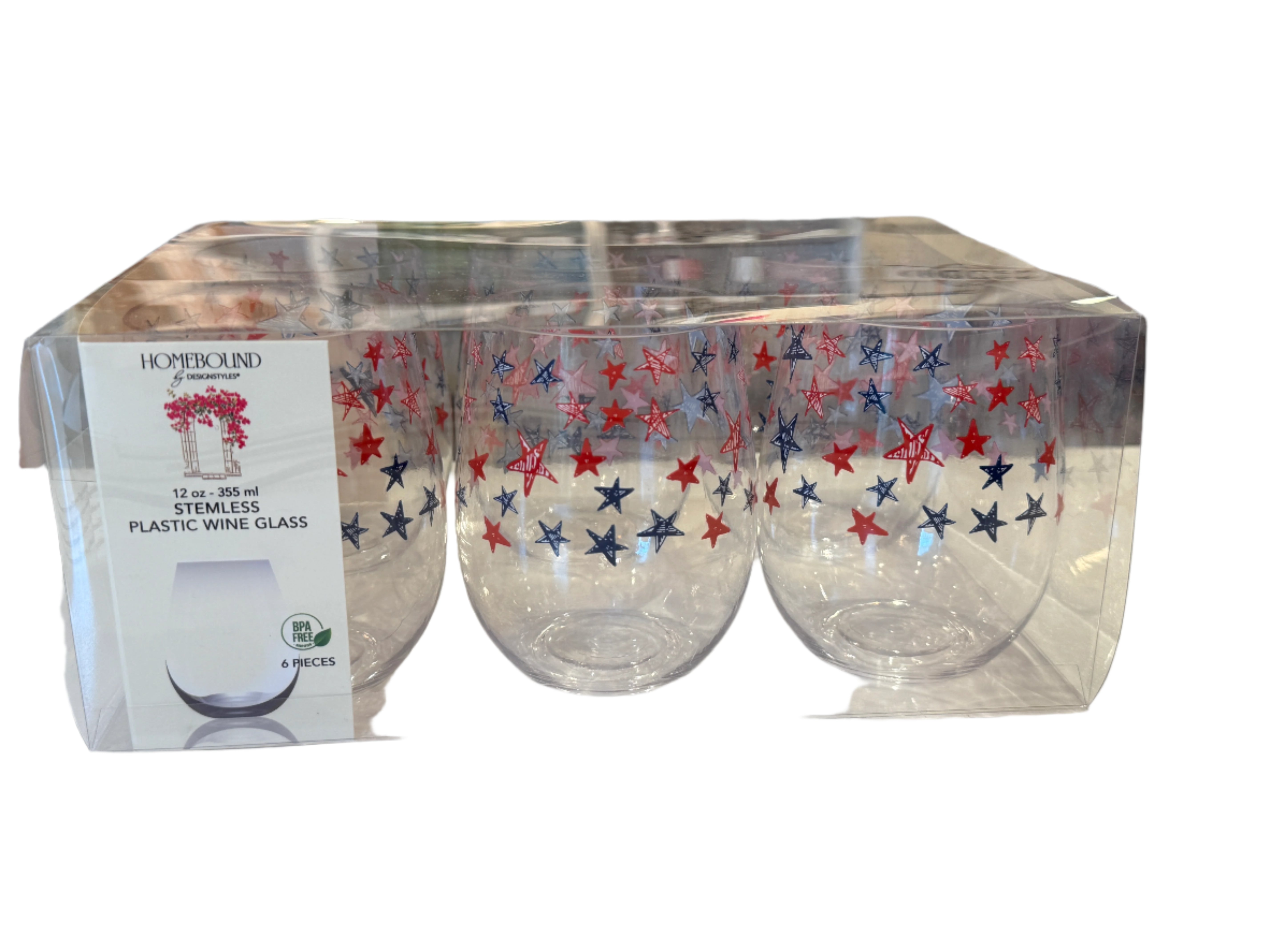 Red & White Stars Stemless Plastic Wine Glasses
