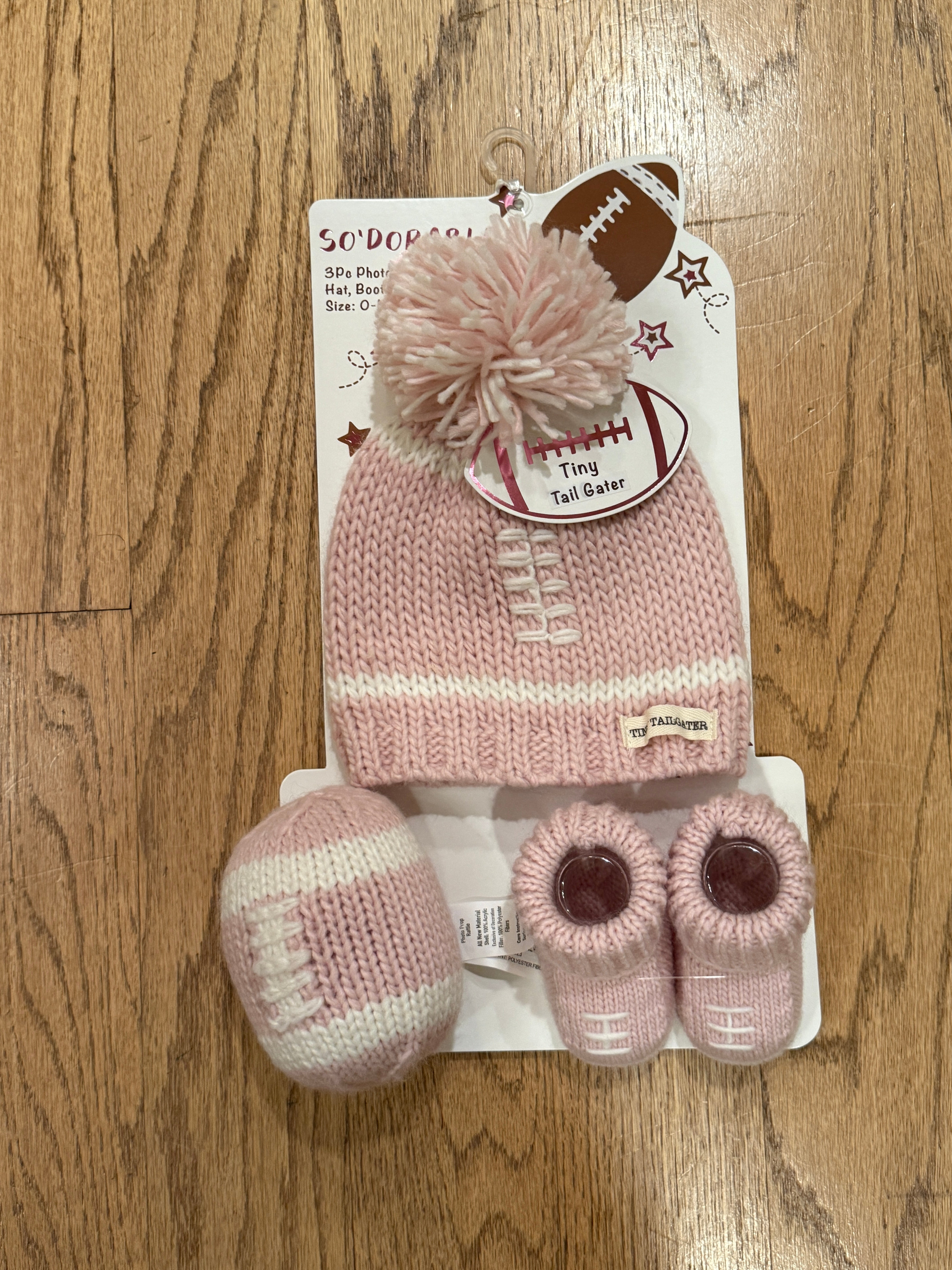 Tiny Tailgater 3-Piece Set – Hat, Booties & Rattle (Pink)
