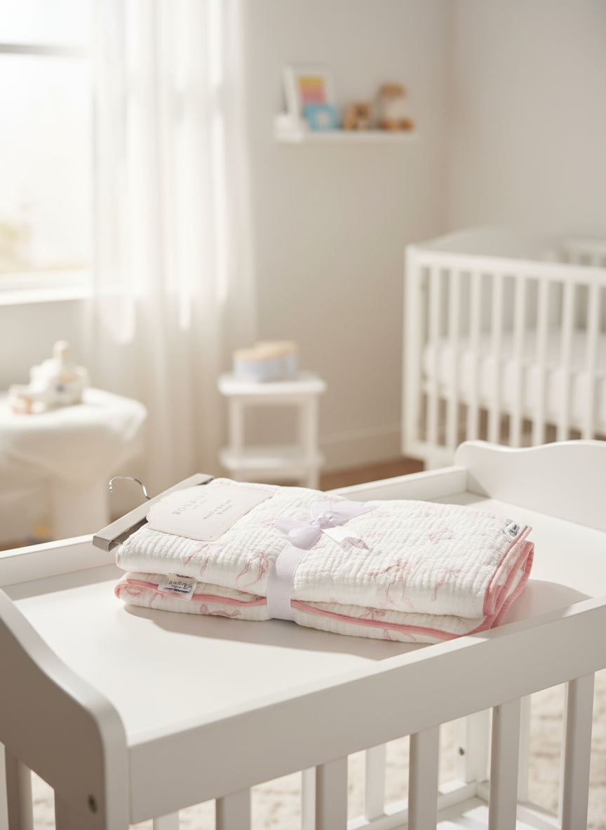 Bonbini Pink Bow Muslin Quilted Baby Blanket