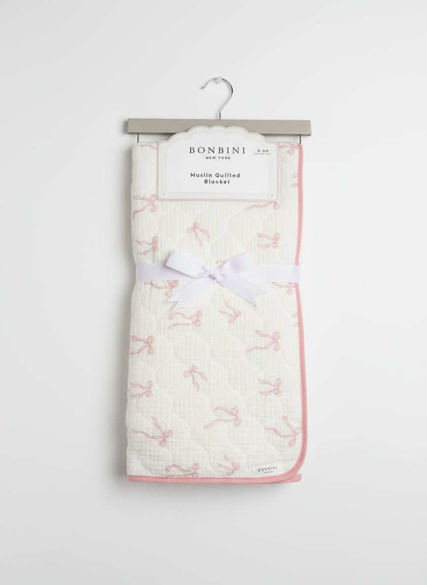 Bonbini Pink Bow Muslin Quilted Baby Blanket