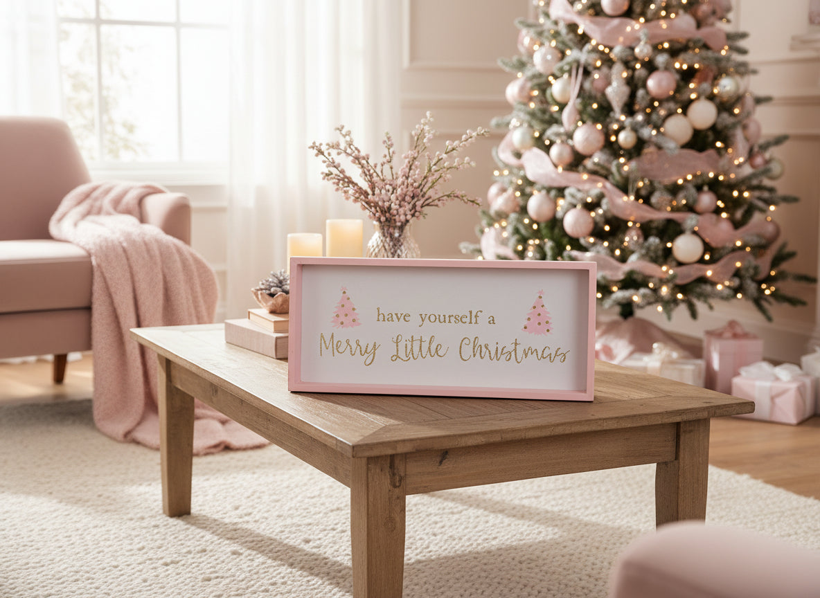 Merry Christmas Pink & White Sign 15.5 x 6.5 inches