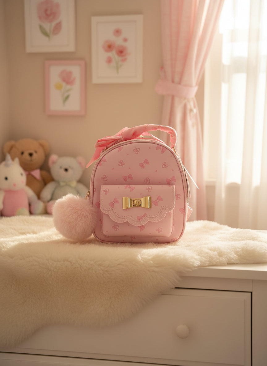 Pink Bow Mini Backpack – 8” 🎀✨ with pom pom