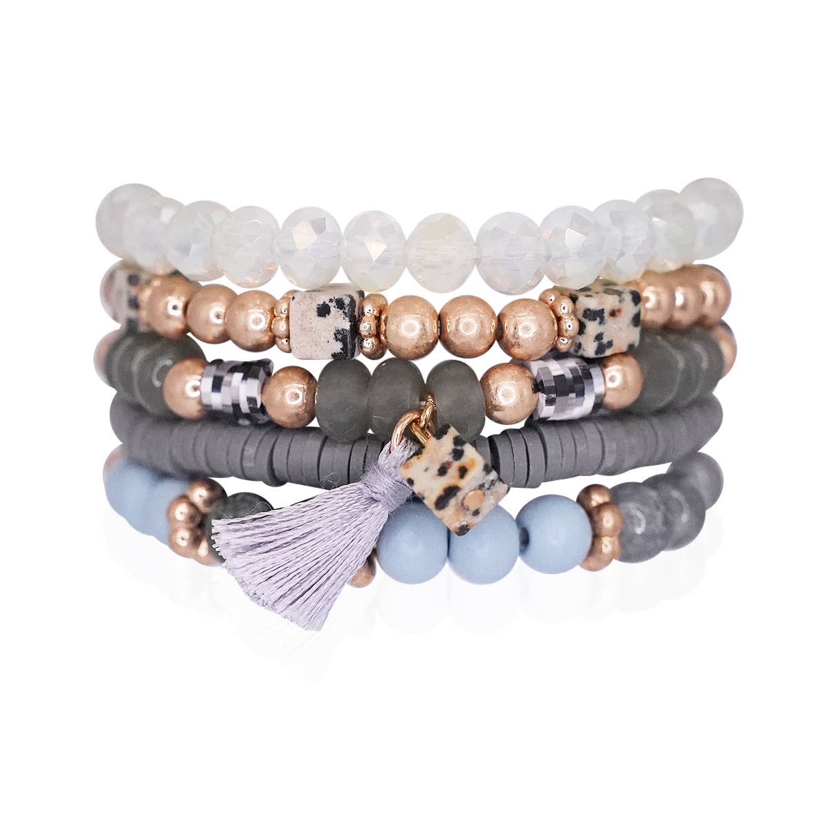 Mini Momo - Beaded Bracelet Set Stack Stretch Multi Layered Boho Bangles: Tassel Mix 5 Layer - Gray