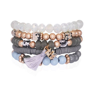 Mini Momo - Beaded Bracelet Set Stack Stretch Multi Layered Boho Bangles: Tassel Mix 5 Layer - Gray