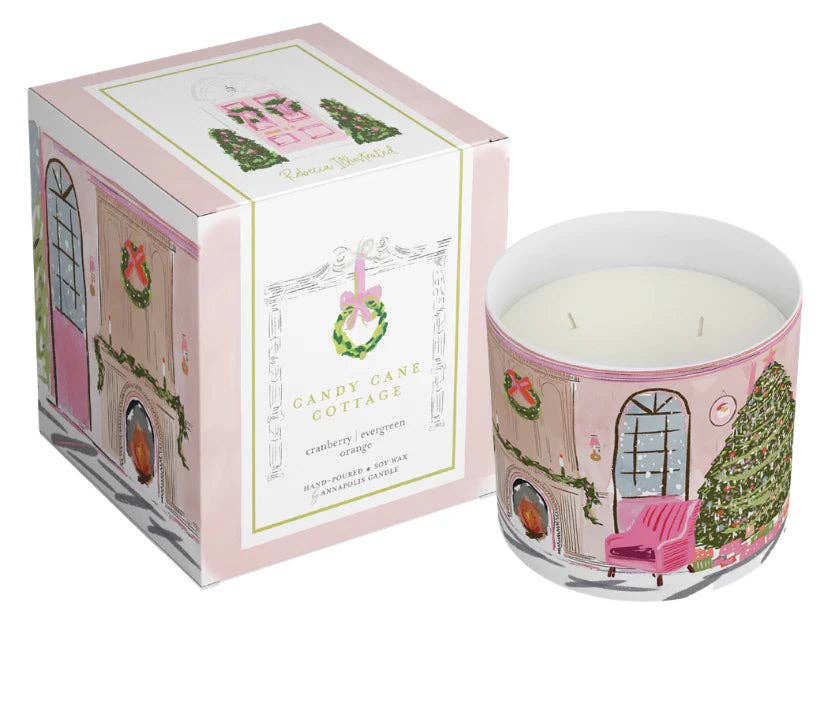 Rebecca Illustrated - PINK CHRISTMAS FIREPLACE SCENIC CANDLE-CANDY CANE COTTAGE 