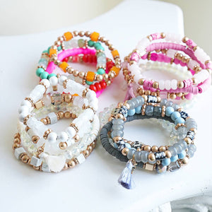 Mini Momo - Beaded Bracelet Set Stack Stretch Multi Layered Boho Bangles: Tassel Mix 5 Layer - Gray