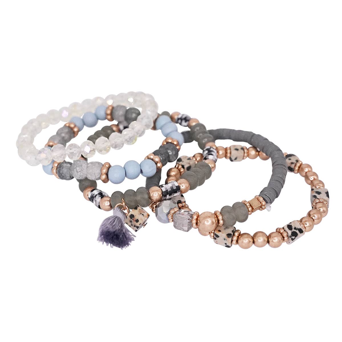Mini Momo - Beaded Bracelet Set Stack Stretch Multi Layered Boho Bangles: Tassel Mix 5 Layer - Gray