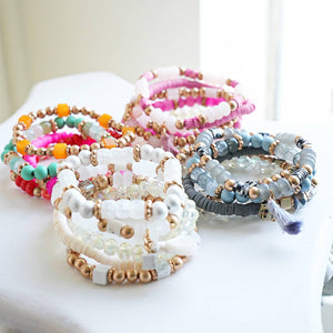 Mini Momo - Beaded Bracelet Set Stack Stretch Multi Layered Boho Bangles: Tassel Mix 5 Layer - Gray