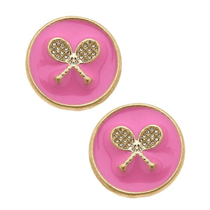 Canvas Style - Chris Tennis Racket Enamel Circle Stud Earrings: Pink