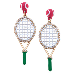 Canvas Style - Teddy Enamel Tennis Racket Earrings in Green & Pink