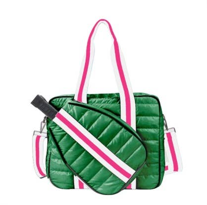 Lemonbella - Puffer Pickle Ball Tote Green with Pink Stripe 4/30